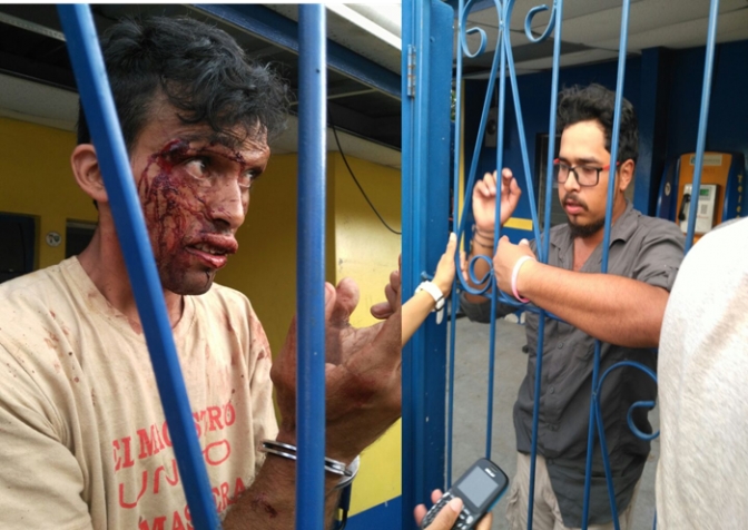 Pedro Joaquín a la izquierda, con su rostro golpeado y a la derecha Eduardo Urbina, a quien la policía le disparó bala viva. Ambos aún permanecían detenidos al filo de la medianoche de este 01 de mayo permanecían en las celdas policiales.