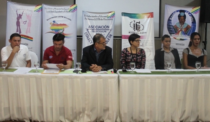 Representantes de las diferentes organizaciones del Comité de la Diversidad sexual, en compañía del Director de ONU-SIDA en Honduras, Juan Ramón Gradely.