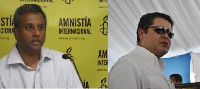 Salil Shetty, Secretario General de AI, a la izquierda y Hernádez, presidente hondureño a la derecha