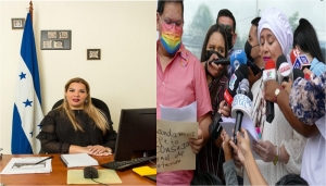 A la izquierda: La Comisionada Blanca Izaguirre. A la derecha: Conferencia de prensa denunciando a la ministra de la SEDH