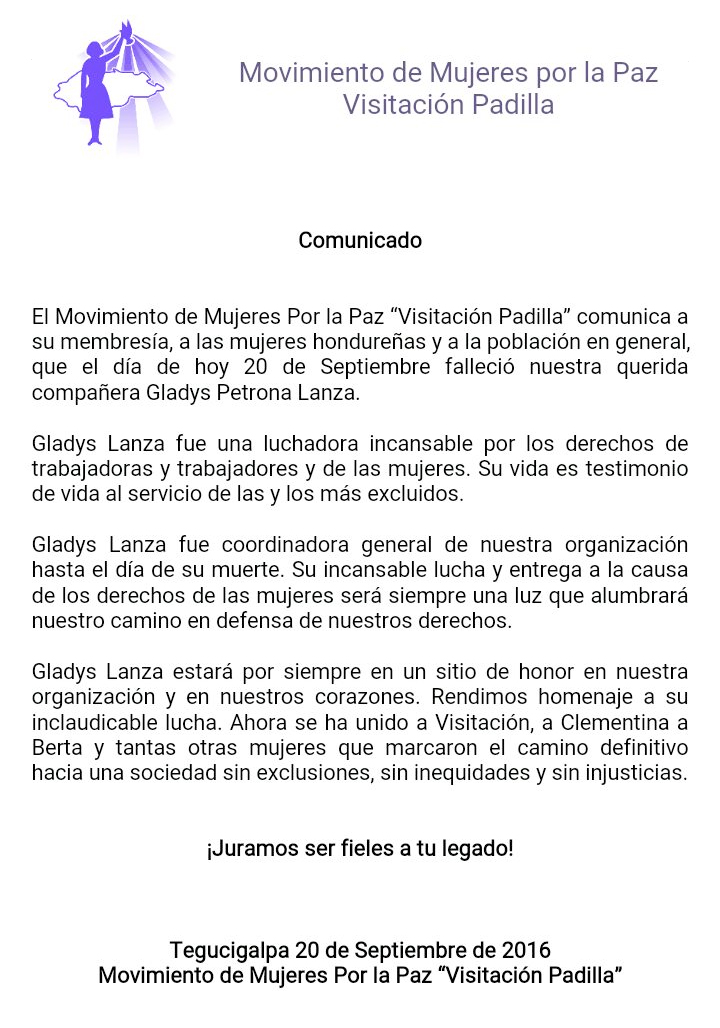 Comunicado Gladys Lanza