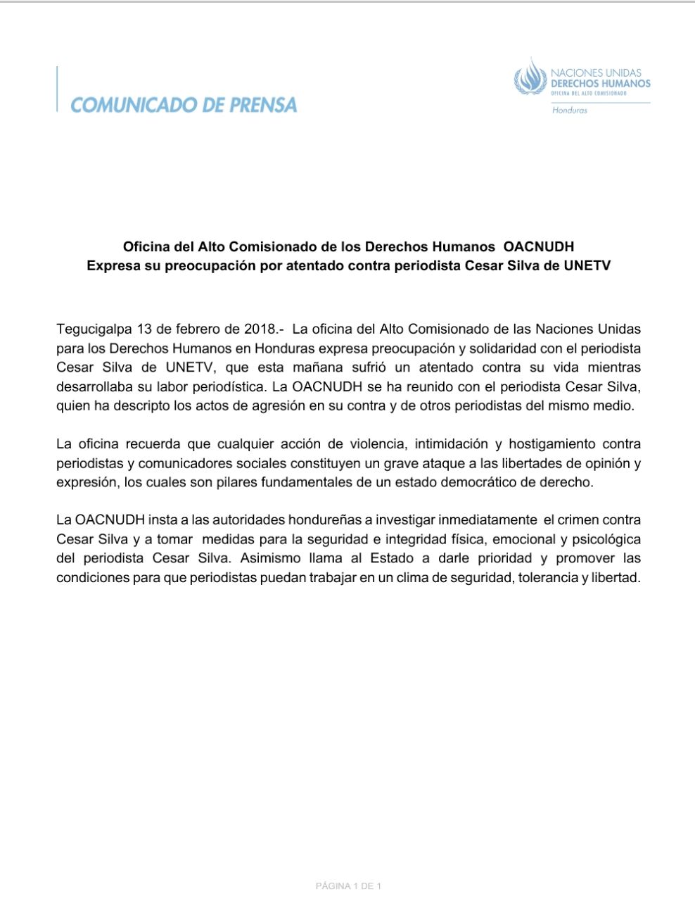 COMUNICADO OACNUDH cesar silva