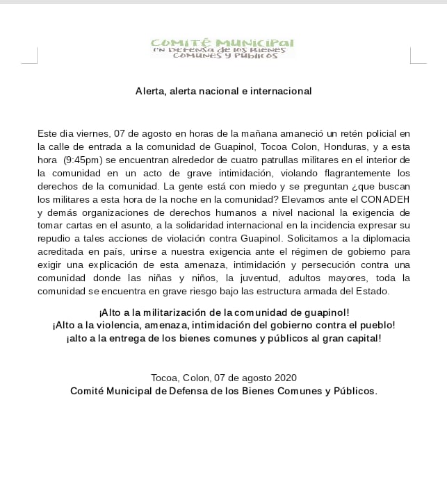 alerta comite de bienes comunes tocoa
