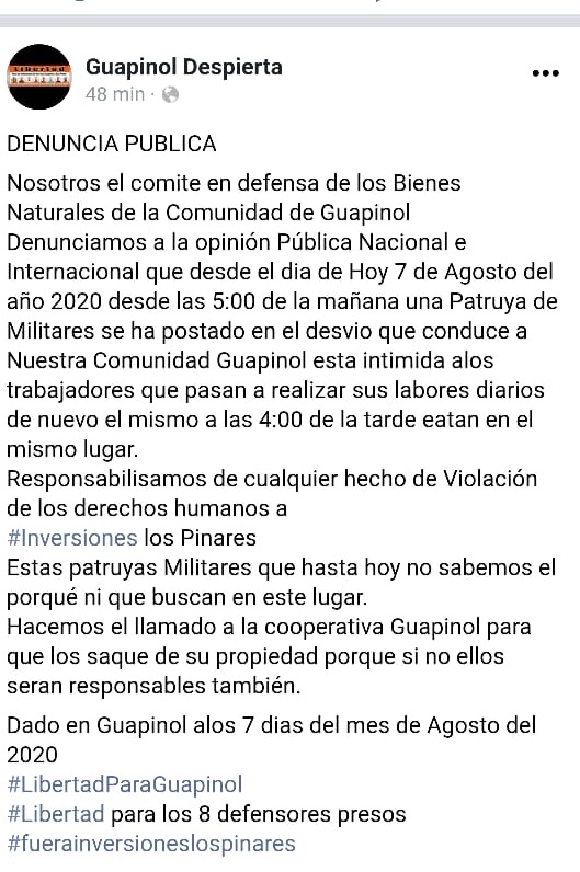 alerta de la comunidad Guapinol 2