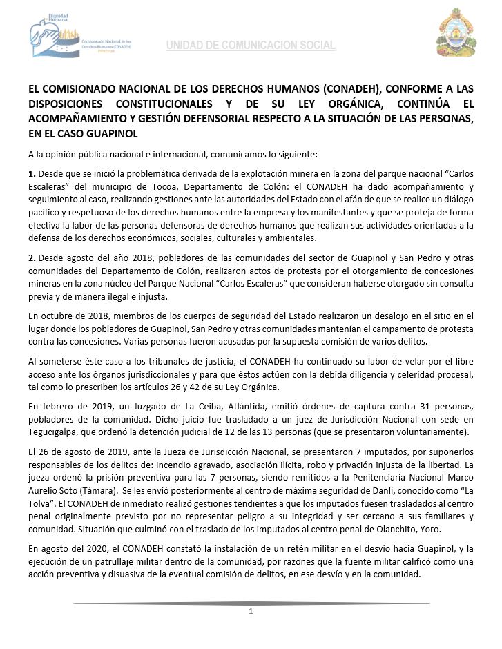 comunicado conadeh  guapinol