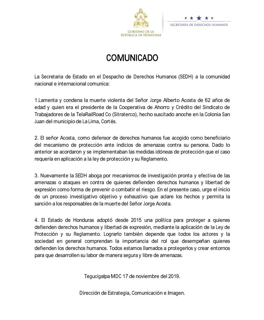 comunicado de secretaria derechos humanos crimen sitraterco