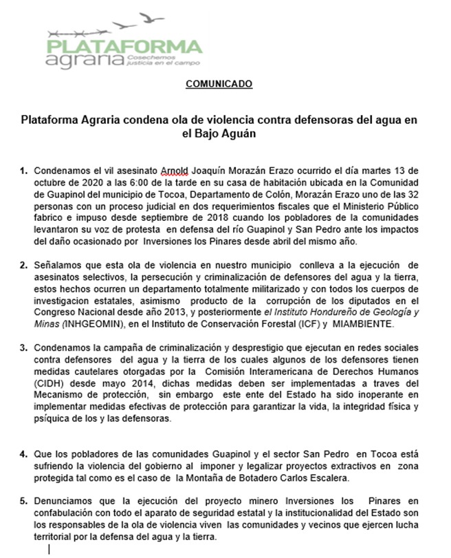 comunicado plataforma arnold guapinol1