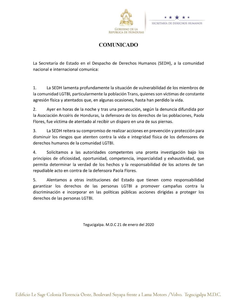 comunicado por ataque a LGTB de sria DDHH