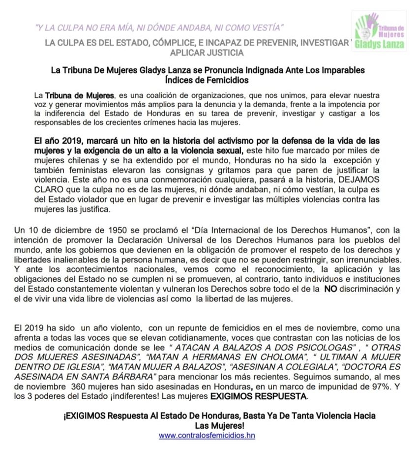 comunicado tribuna de mujeres dia mujer
