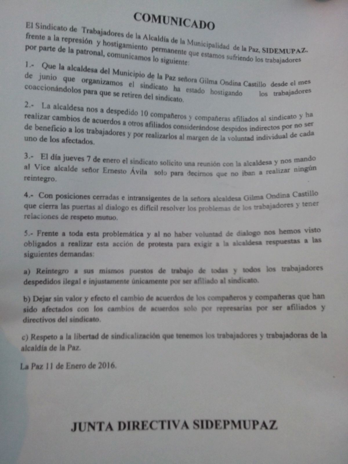 comunicado SIDEMUPAZ