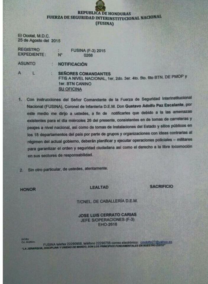 memorandum de FUSINA para reprimir manifestaciones