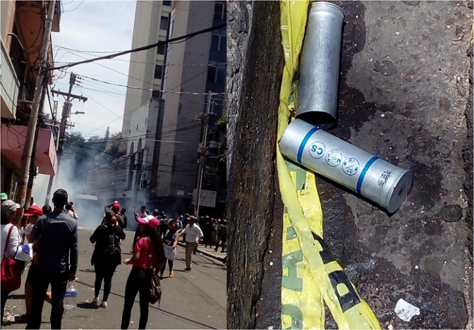 En la foto las bombas lacrimógenas lanzadas , fueron decenas usadas para reprimir a los manifestantes. Un niño de tres meses fue afectado.Los policías lanzaron también gases a una ambulancia que llevaba personas intoxicadas.                 