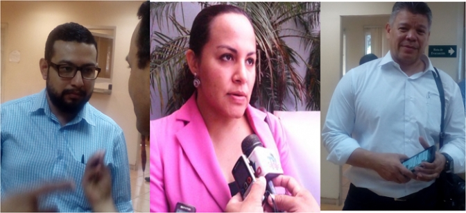 En la foto de izquierda a derecha: Abogados Mario Rojas, de C-LIBRE, Kenia Oliva de C-LIBRE y Omar Menjívar de la Coalicón contra la Impunidad, todos del equipo de abogados privados acusadores