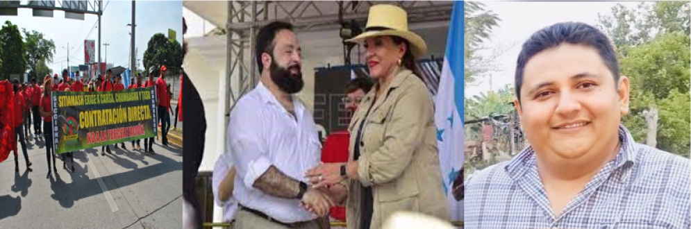 En la foto a la iquierda el dirigente obrero Constantino López, al centro la presidenta Xiomara Castro y el presidente del Congreso Nacional Luís Redondo, a la derecha trabajadores de SITIAMASH en la movilización del 01 de mayo de 2022