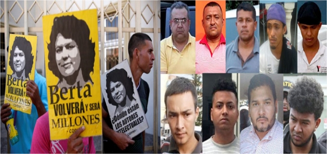 A la derecha los imputados en el crimen de Berta Cáceres: a Mariano Díaz Chávez, Douglas Geovanny Bustillo, Sergio Ramón Rodríguez Orellana, Elvin Heriberto Rápalo, Henry Javier Hernández, Edilson Duarte Meza, Emerson Duarte Meza y Oscar Aroldo Torres Velásquez.