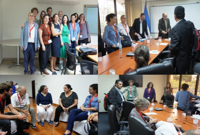 En la foto de izquierda a derecha la delegación con las representantes de la OACNUDH. En la siguiente foto en el CONADEH. Abajo escuchan a Jessica Sánchez que denunció amenazas y la otra foto la delegación en el CONADEH acompañada de Carlos del Cid del Observatorio Ecuménico Internacional de DDHH