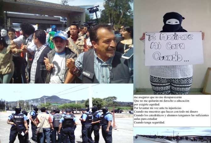 En la primera foto estudiantes salen rodeados por defensores y defensoras de derechos humanos para protegerse en un lugar seguro después de sufrir vejámenes de la policía.