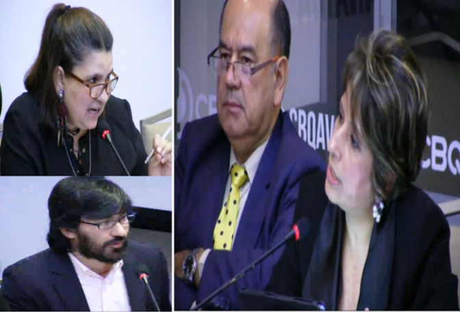 A la izquierda: Suyapa Martínez-CEM-H y Edy Tábora-CLIBRE. A la Derecha la Directora del Mecanismo de Protección,Nora Urbina junto a otro funcionario del gobierno hondureño